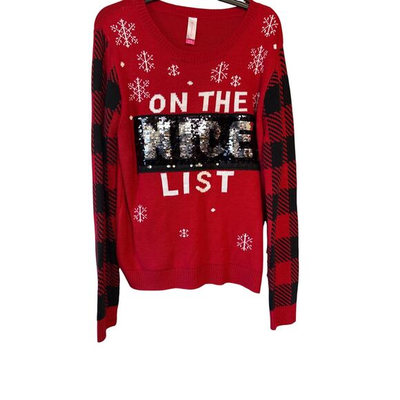 No Boundaries Naughty/Nice Reversible Sequins Christmas Sweater - Picture 2 of 5